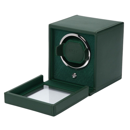 A fresh take on luxury watch storage, the WOLF Cub Watch Winder in green blends contemporary design with trusted winding performance for automatic timepieces.