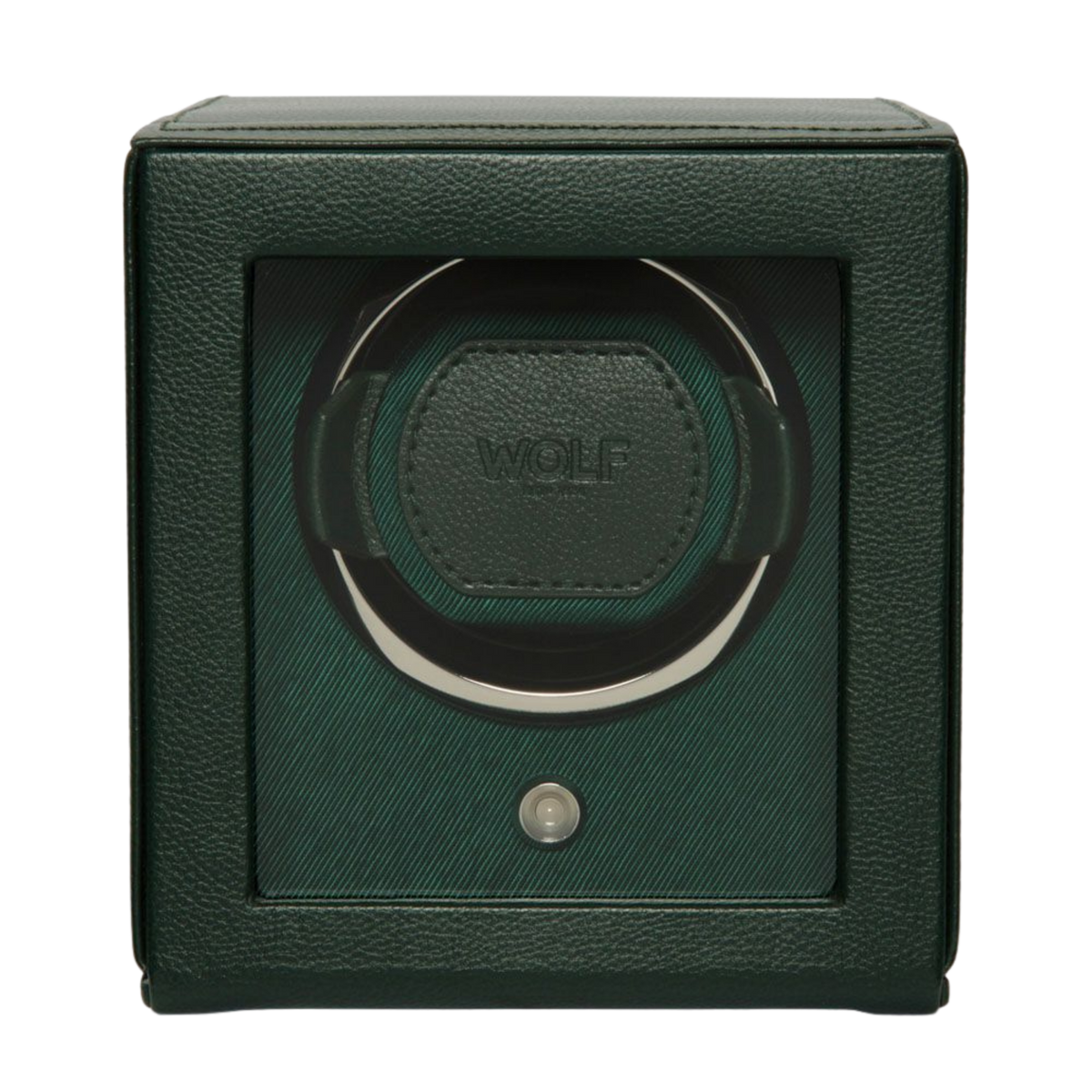 Compact, practical and beautifully finished, this green WOLF watch winder keeps your watch ready to wear while creating an eye-catching display on a desk or dresser.