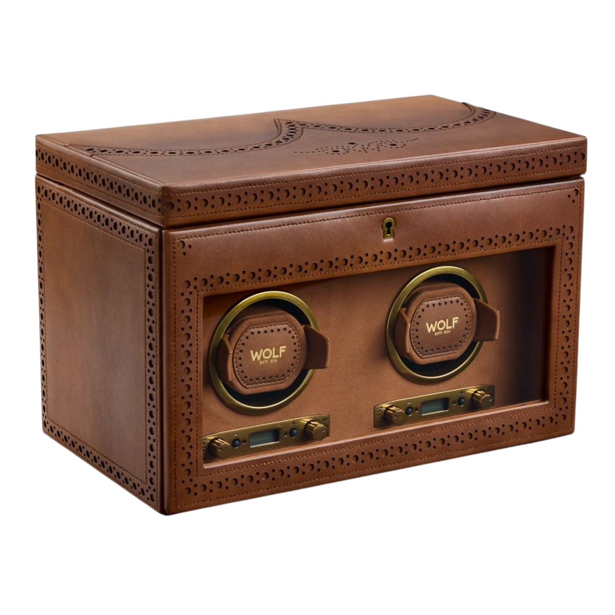 Elegant WOLF double watch winder crafted in rich tan leather, featuring twin winding modules and a refined display window designed for luxury automatic timepieces.