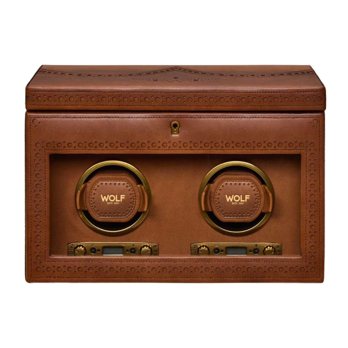 Designed for discerning watch enthusiasts, this WOLF double watch winder combines sophisticated leather craftsmanship with precision technology to keep treasured timepieces ready to wear.