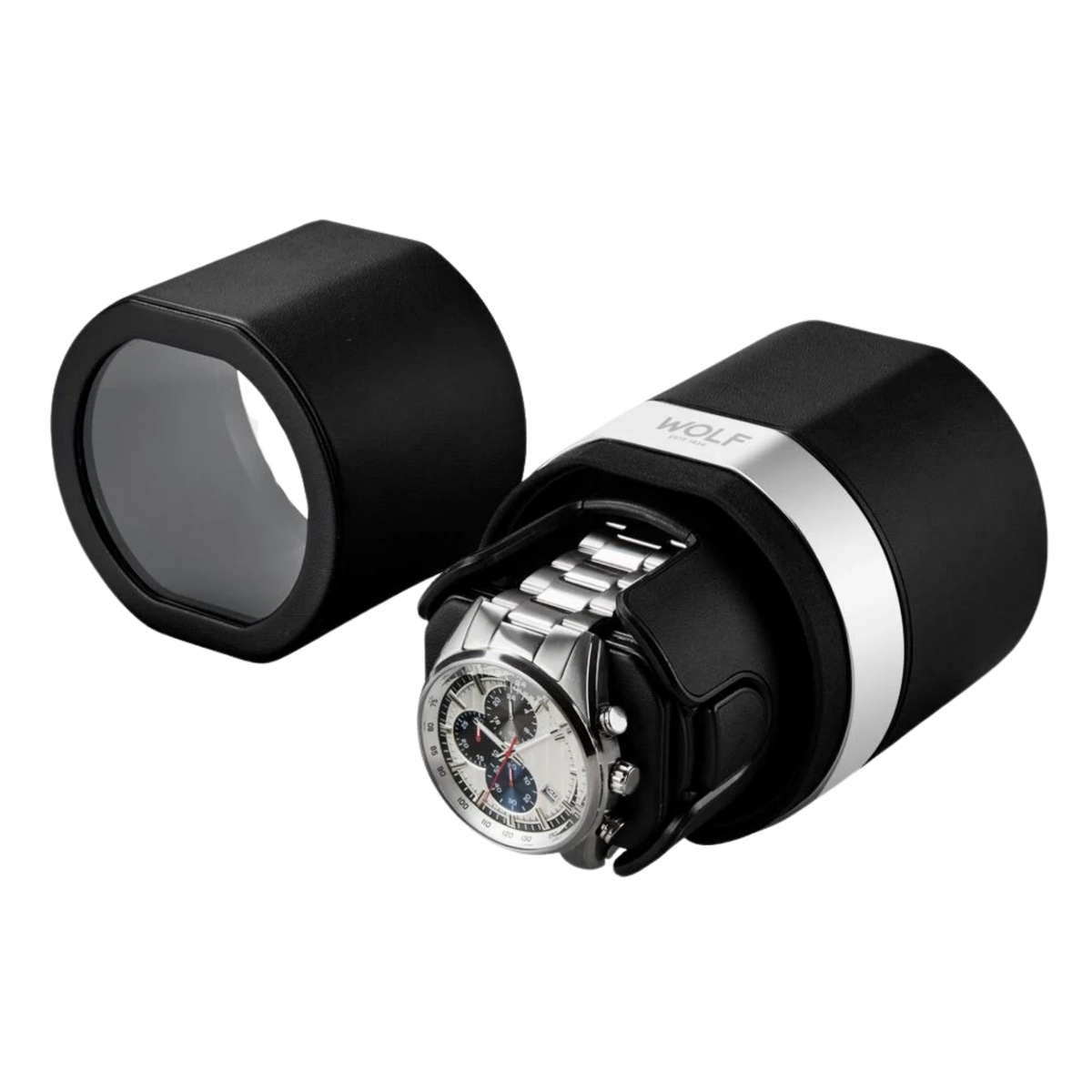 The Rocket watch winder reveals its precision-engineered interior, featuring a secure cushioned holder designed to keep an automatic watch firmly in place during rotation. Built for performance on the move, it delivers consistent winding cycles that ensure your watch stays accurate wherever you travel.