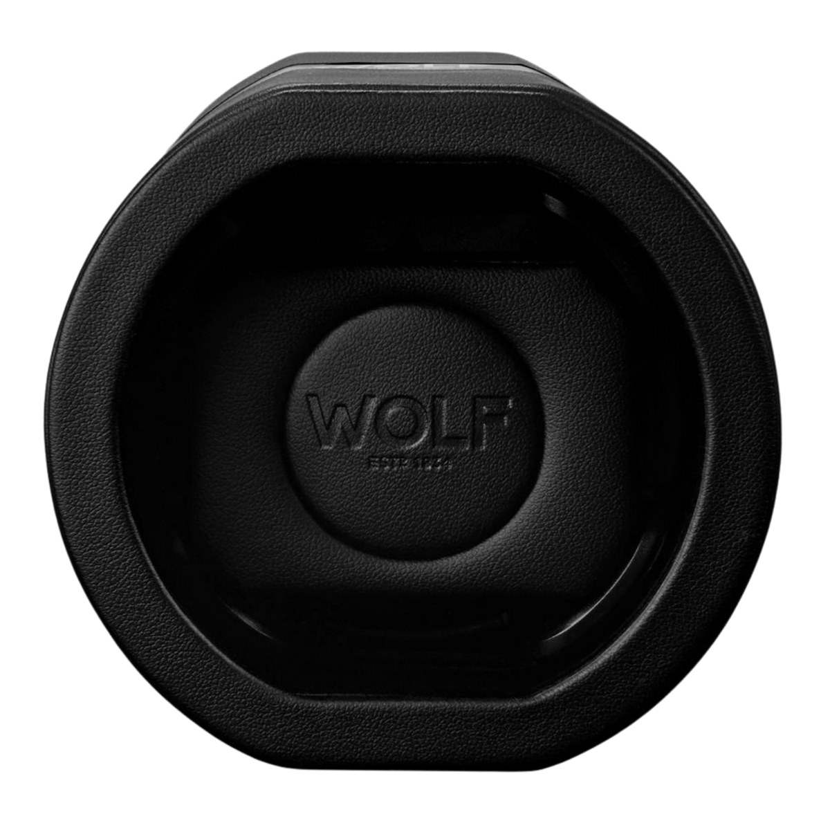 A close-up view highlights the premium black vegan leather exterior and polished hardware accents of The Rocket by WOLF 1834. Every detail reflects the brand’s focus on durability and precision engineering, combining luxury craftsmanship with advanced watch maintenance technology in a travel-friendly design.