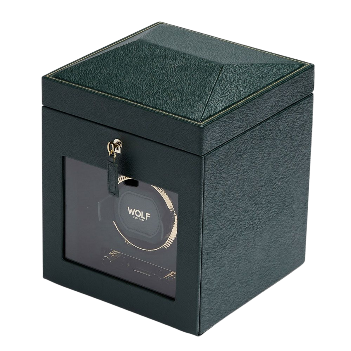 The WOLF 1834 British Racing Single Watch Winder in Green showcases a timeless, motorsport-inspired design finished in premium vegan leather with elegant gold hardware. Its structured silhouette and compact form combine classic British heritage styling with modern watch care functionality, making it a refined addition to any luxury watch collection.