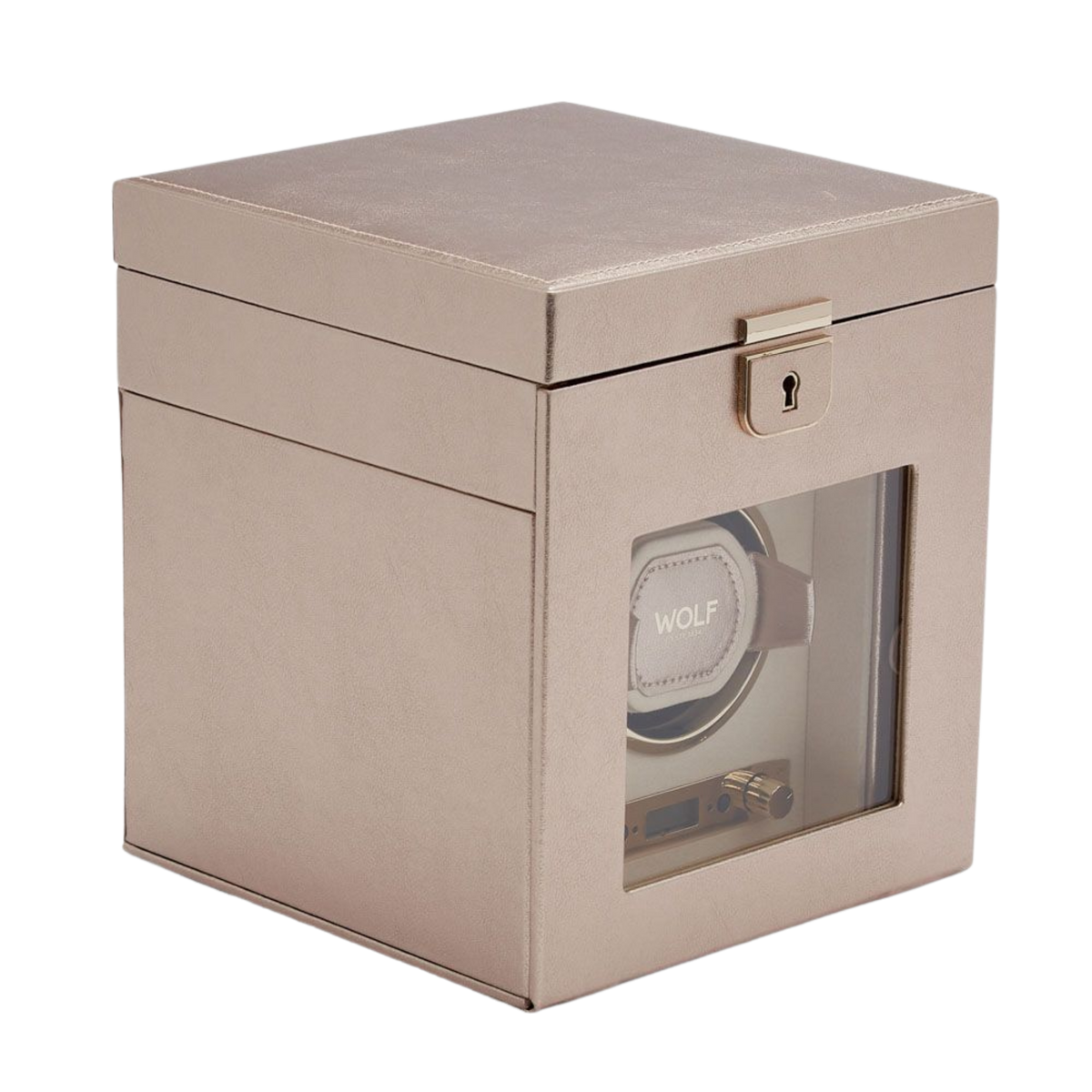The Wolf Palermo Single Watch Winder with Jewellery Storage is presented in a refined black leather finish, combining elegant design with practical functionality. Its structured silhouette and polished detailing reflect understated luxury, offering a secure and stylish home for an automatic watch and everyday jewellery essentials.