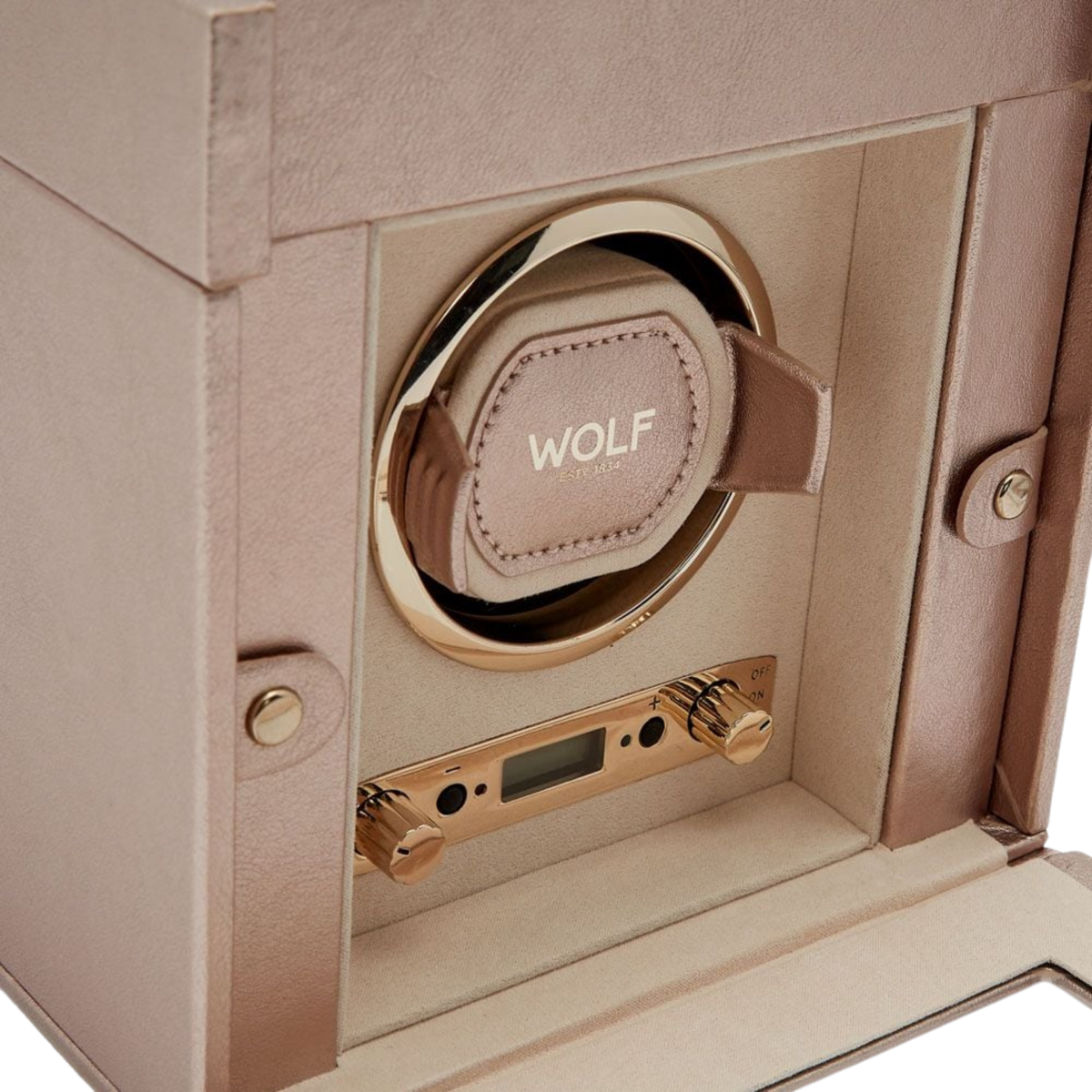Opened to reveal its multifunctional interior, the Palermo watch winder features a precision-engineered winding module alongside dedicated jewellery storage compartments. With ring rolls, divided sections, and additional space for valuables, it seamlessly blends watch care with organised luxury storage in one compact design.
