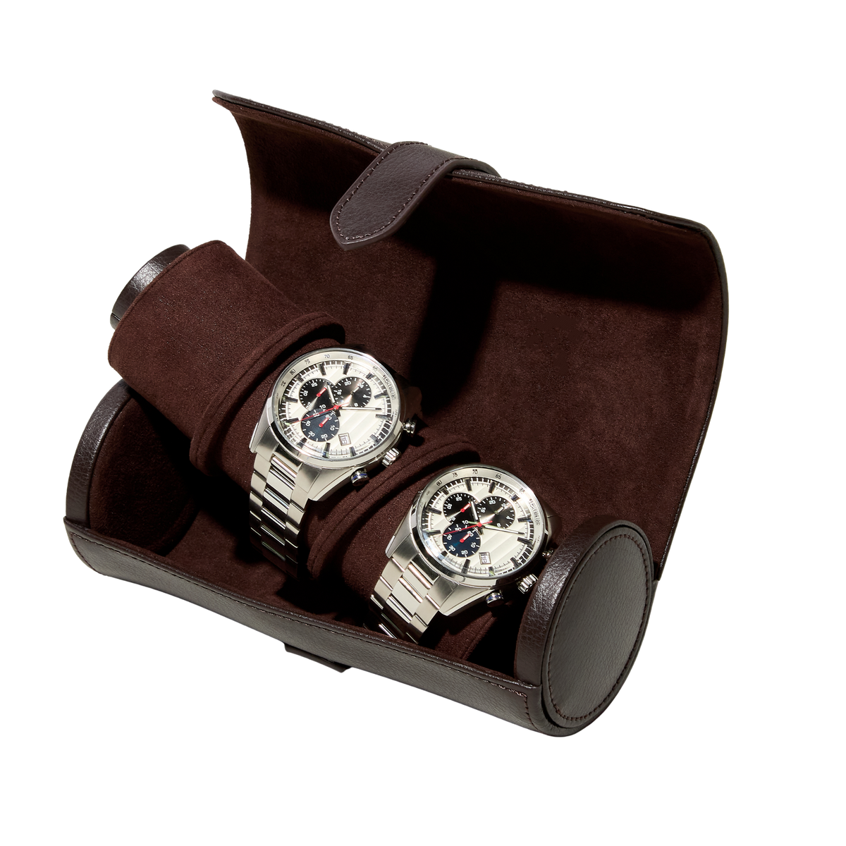 Designed for collectors on the move, the Wolf Blake Watch Roll features a classic cylindrical silhouette, secure snap closure in the a timeless chocolate brown colour.  