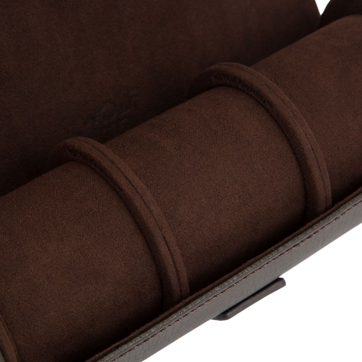 A close-up highlights the Blake Watch Roll’s premium brown leather exterior, fine stitching, and chrome-accented hardware. Every detail reflects WOLF 1834’s commitment to precision craftsmanship, offering durable protection while maintaining a refined, luxury finish suitable for collectors and frequent travellers.