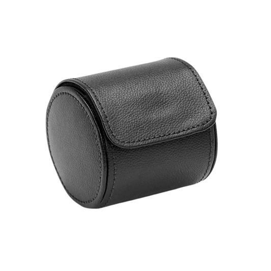 The WOLF 1834 British Racing Black Single Watch Roll showcases a refined motorsport-inspired design, wrapped in smooth vegan leather with subtle stitching and a structured cylindrical form. Compact yet protective, it delivers a premium way to store or transport a single luxury timepiece while maintaining a sleek, understated aesthetic.