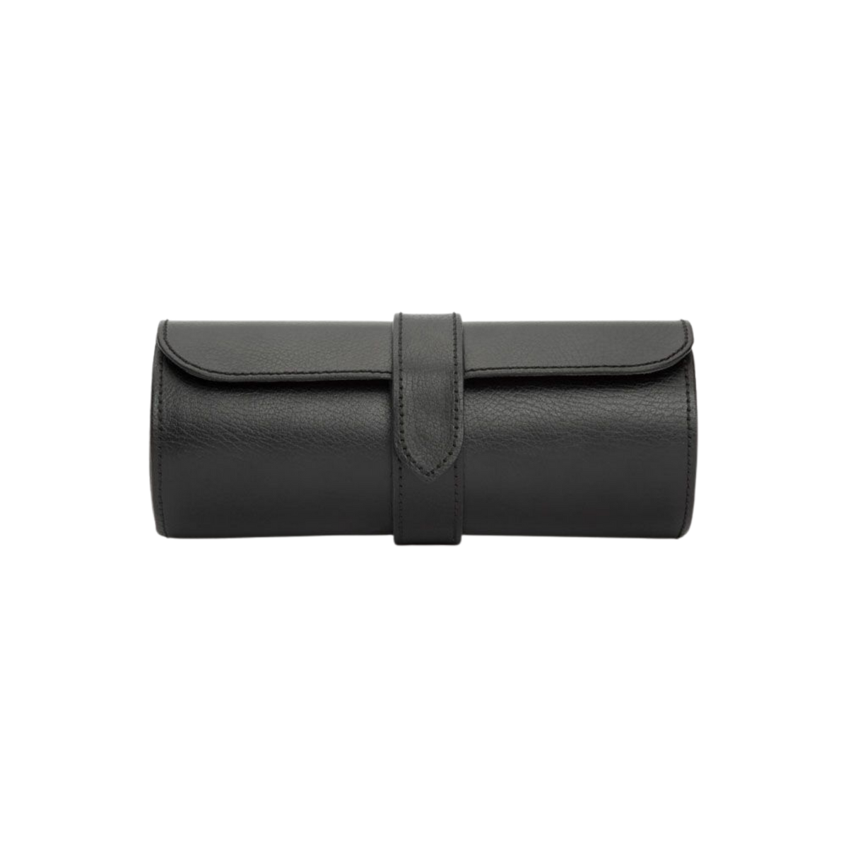 The exterior combines matte black vegan leather with subtle grey accents, creating a restrained but premium finish. Fine stitching runs cleanly along the structure, reinforcing durability while maintaining a sleek, tailored appearance that reflects WOLF 1834’s attention to precision craftsmanship.