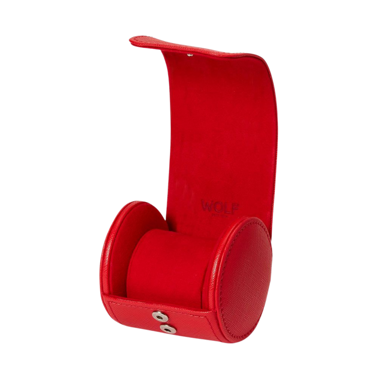 The exterior shows off smooth red vegan leather with clean stitching and a polished fastening system that keeps the roll tightly secured. The finish feels lightweight yet structured, giving it a durable, well-crafted feel without losing its soft, travel-friendly flexibility.