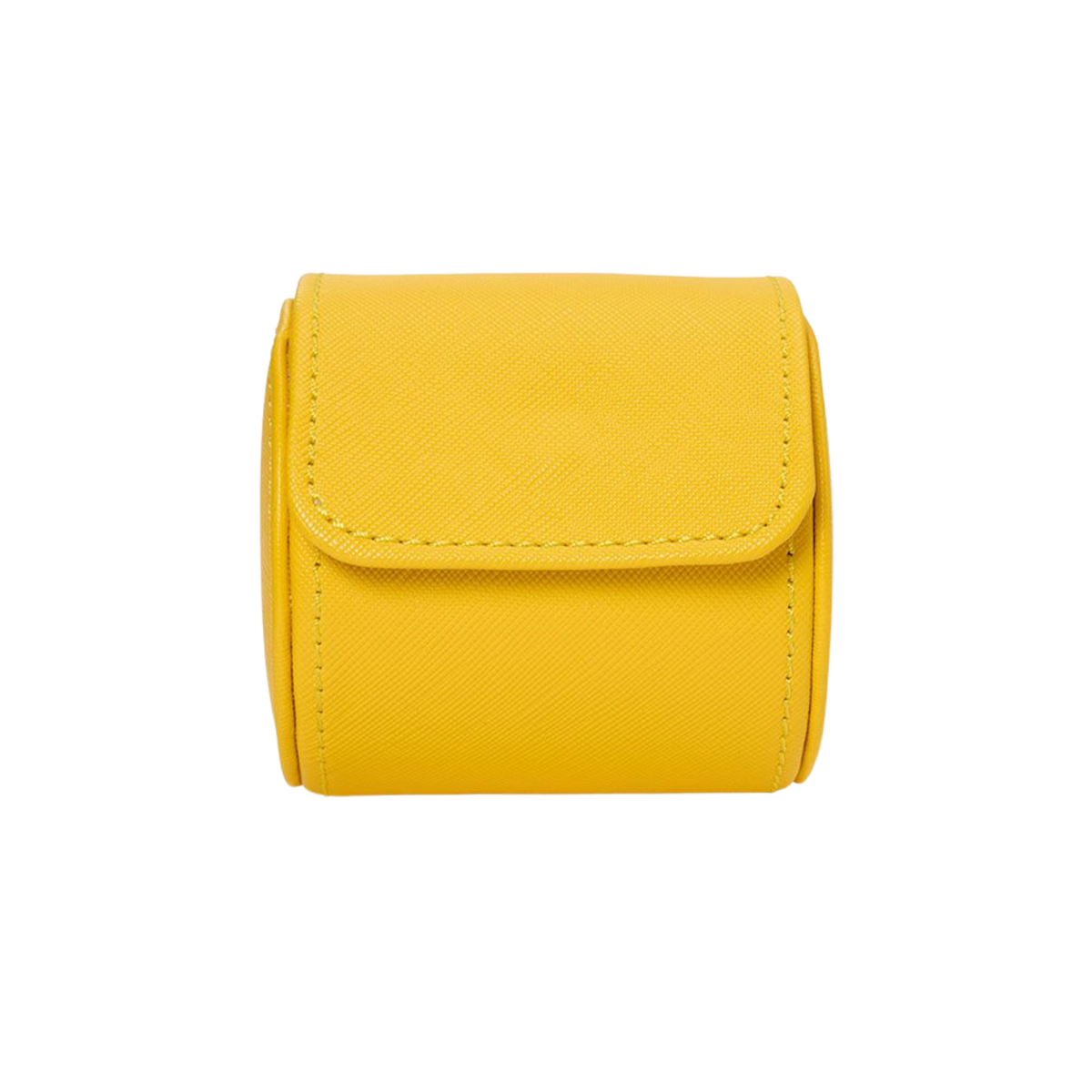 The exterior features smooth yellow vegan leather with a structured, durable finish.
Precision stitching reinforces the roll’s shape and long-term strength.
The material is designed to balance softness with everyday practicality.
