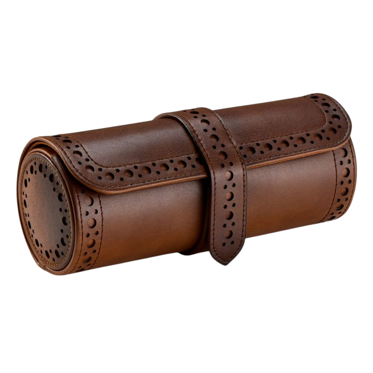 The Brogue Triple Watch Roll in Burnished Brown draws inspiration from traditional British craftsmanship.
Decorative brogue detailing and rich burnished tones give the piece a distinctive character, blending classic style with practical watch storage.
Designed to carry three watches, it offers a refined solution for collectors who appreciate heritage-inspired design.