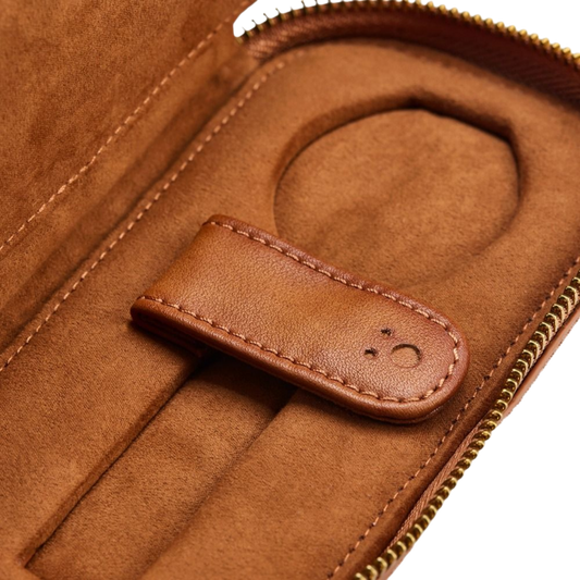 A closer look reveals the craftsmanship behind the Brogue collection.
The burnished brown vegan leather is enhanced by decorative perforated accents and neatly finished edges, creating a refined balance between luxury and durability.