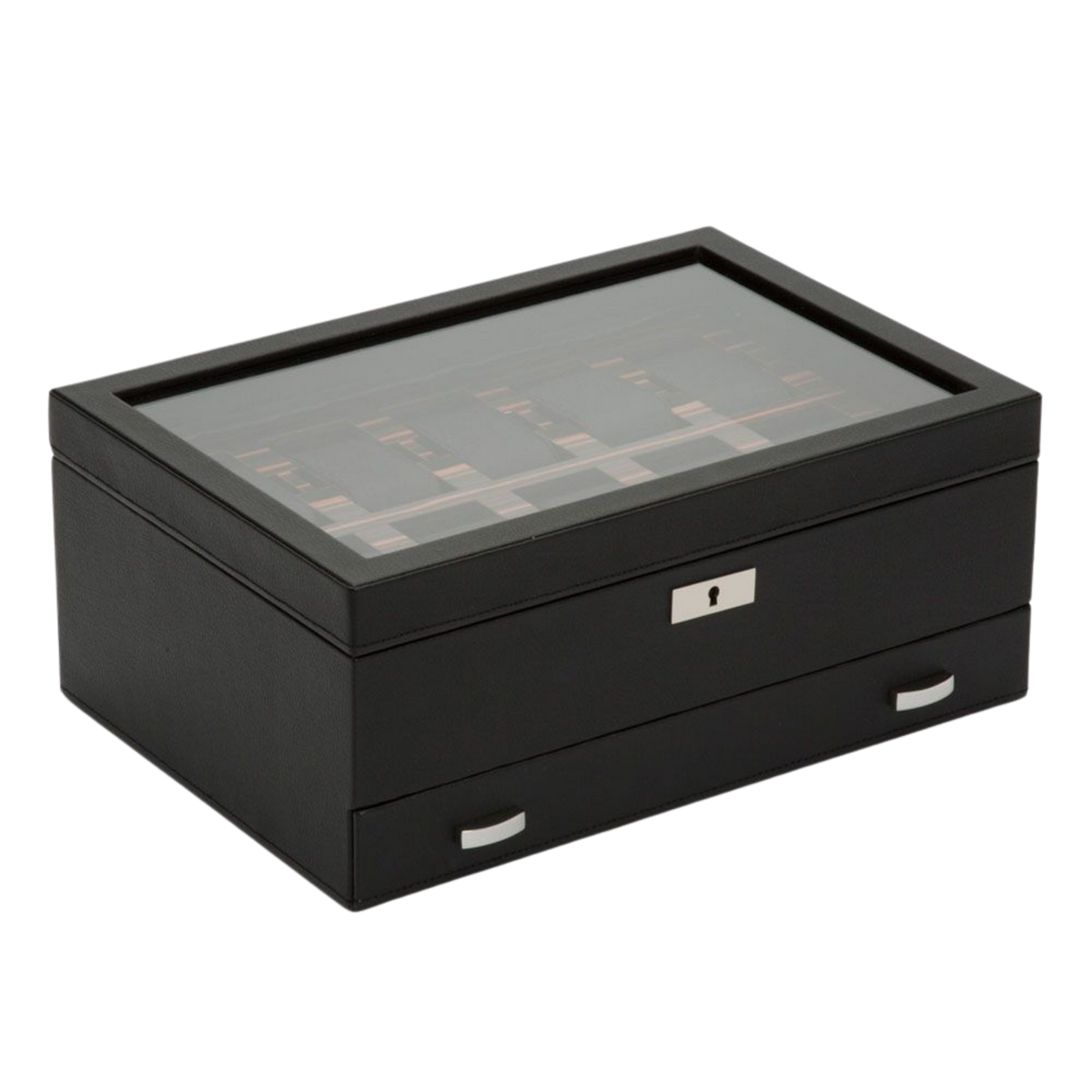 The WOLF 1834 Roadster 10 Piece Watch Box with Drawer takes its design cues from iconic British sports cars.
Finished in black vegan leather with ebony macassar wood detailing, it combines automotive-inspired styling with luxury watch storage.
A striking display piece for collectors who appreciate craftsmanship and heritage.