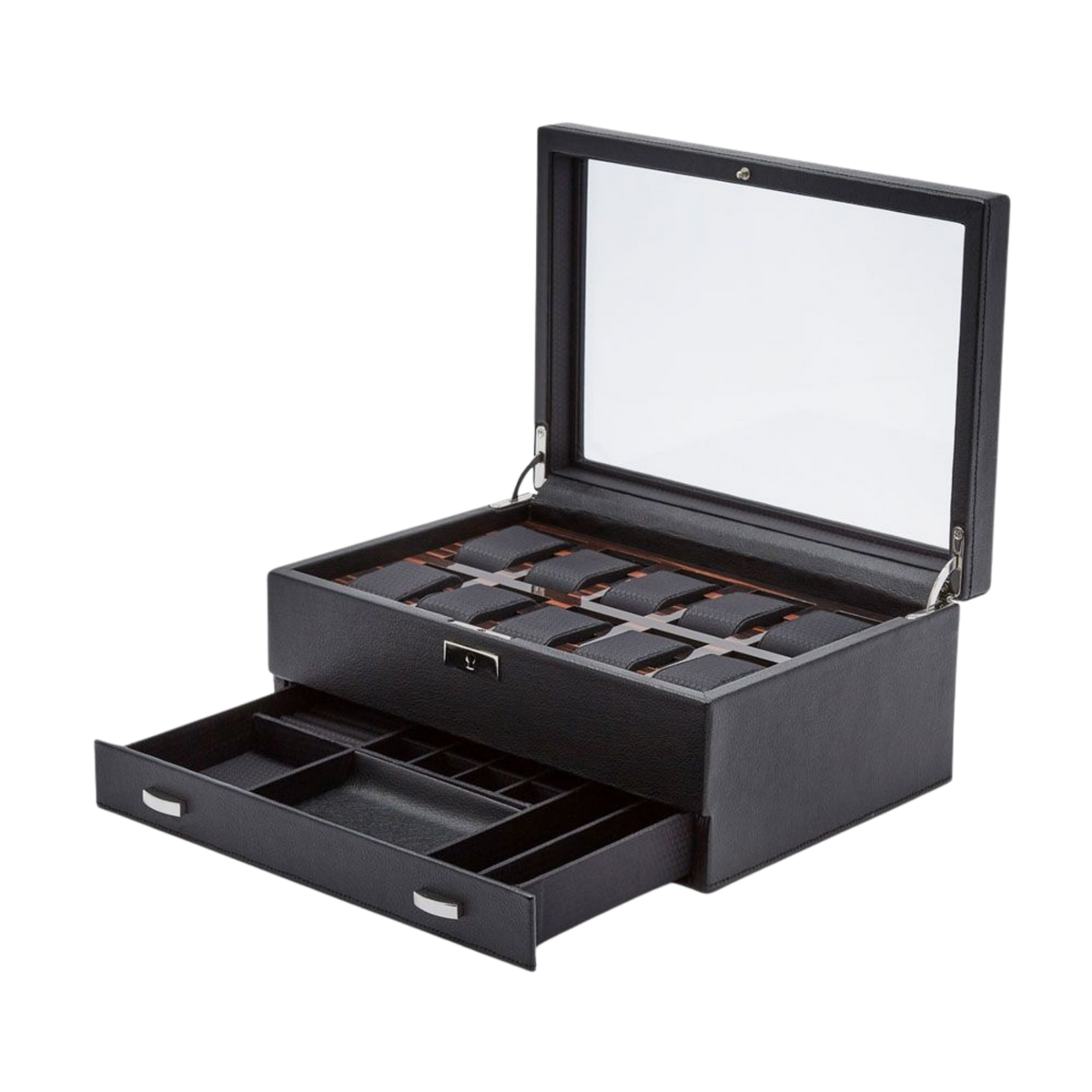 Designed to accommodate up to ten watches, the Roadster keeps a collection organised and beautifully presented.
The suspended cushions help support each timepiece individually, while the display lid allows the collection to be viewed at a glance.
Ideal for collectors looking to combine storage and presentation in one elegant case.

Image 3 – More Than a Watch Box