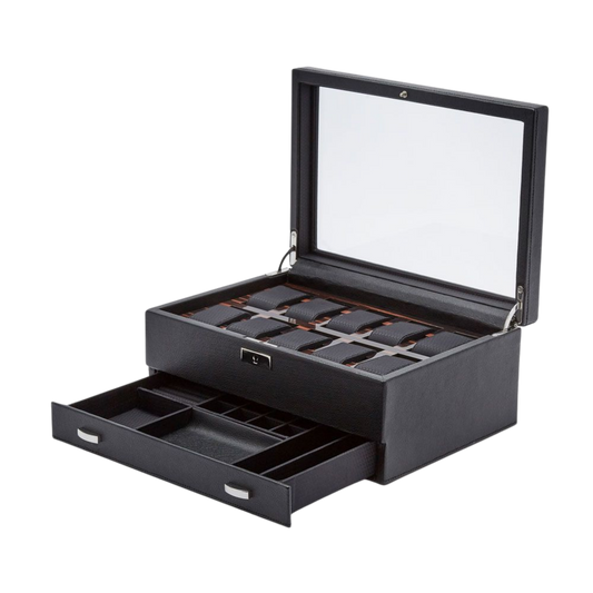 Designed to accommodate up to ten watches, the Roadster keeps a collection organised and beautifully presented.
The suspended cushions help support each timepiece individually, while the display lid allows the collection to be viewed at a glance.
Ideal for collectors looking to combine storage and presentation in one elegant case.

Image 3 – More Than a Watch Box