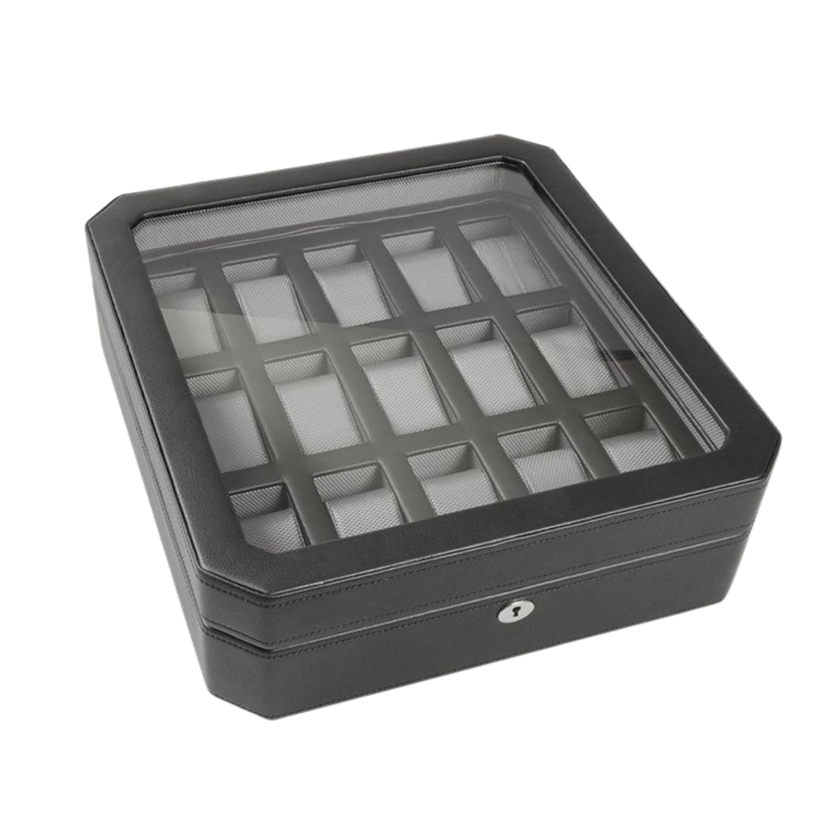 The Wolf Windsor 15 Piece Watch Box in Black is designed for collectors who enjoy seeing their collection displayed in one place.
A locking glass lid offers a clear view of up to fifteen watches, while the retro-inspired design adds a refined touch to any dresser, office, or watch room.