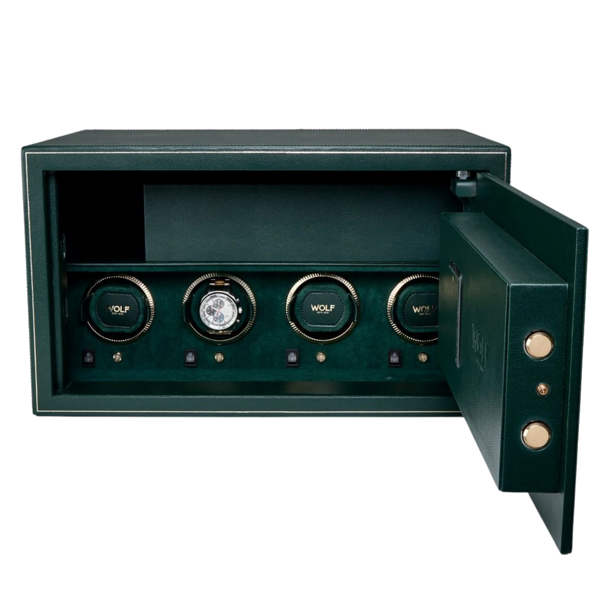 Inside, a dedicated storage compartment and removable watch tray provide additional space for watches, jewellery, and everyday valuables.
The thoughtfully arranged layout keeps a collection organised while allowing quick access to frequently worn pieces.