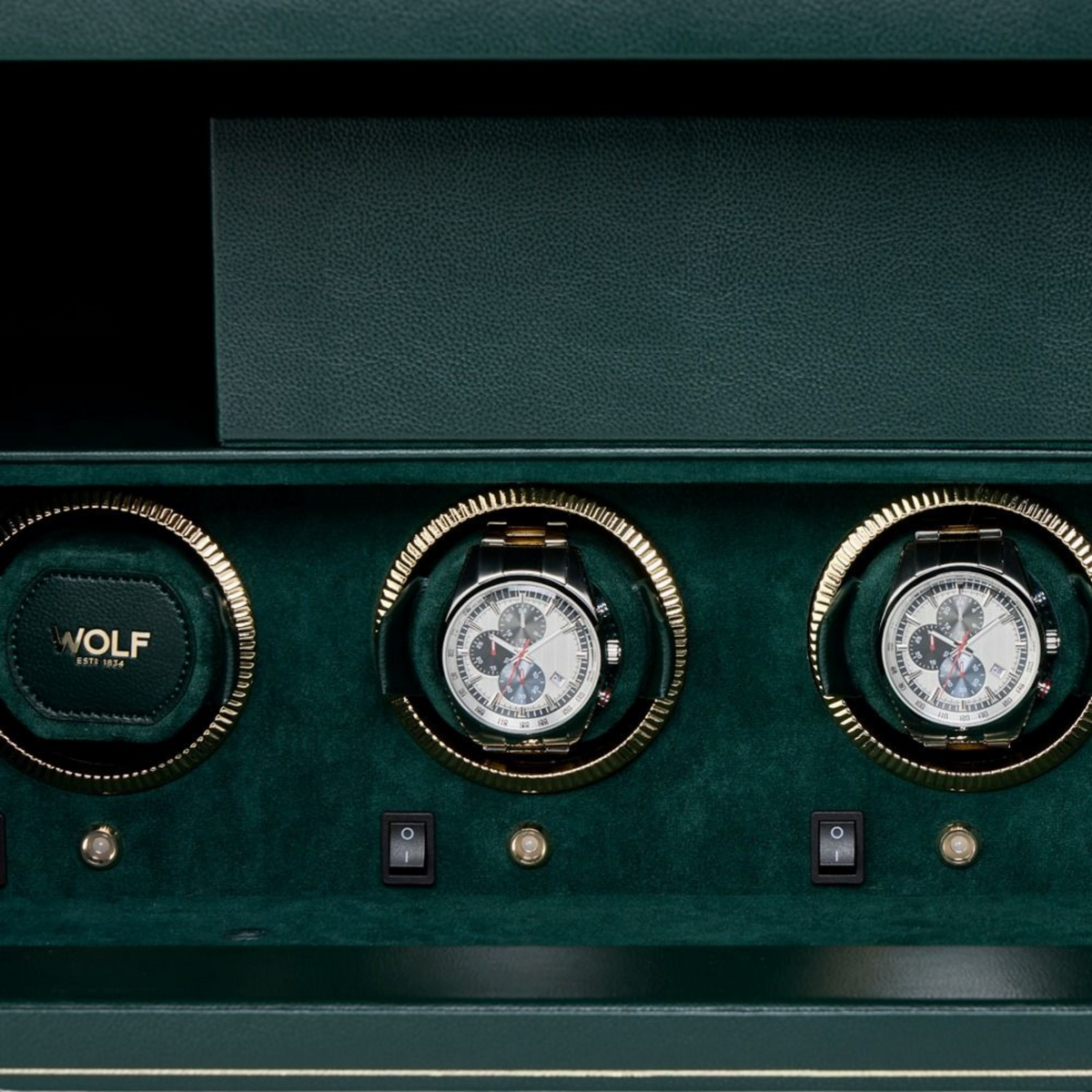 Designed for serious collectors, The Den features four integrated watch winders programmed to maintain automatic watches with precision.
Its patented winding technology delivers accurate turns per day, helping keep watches running smoothly while safely stored inside the secure cabinet.