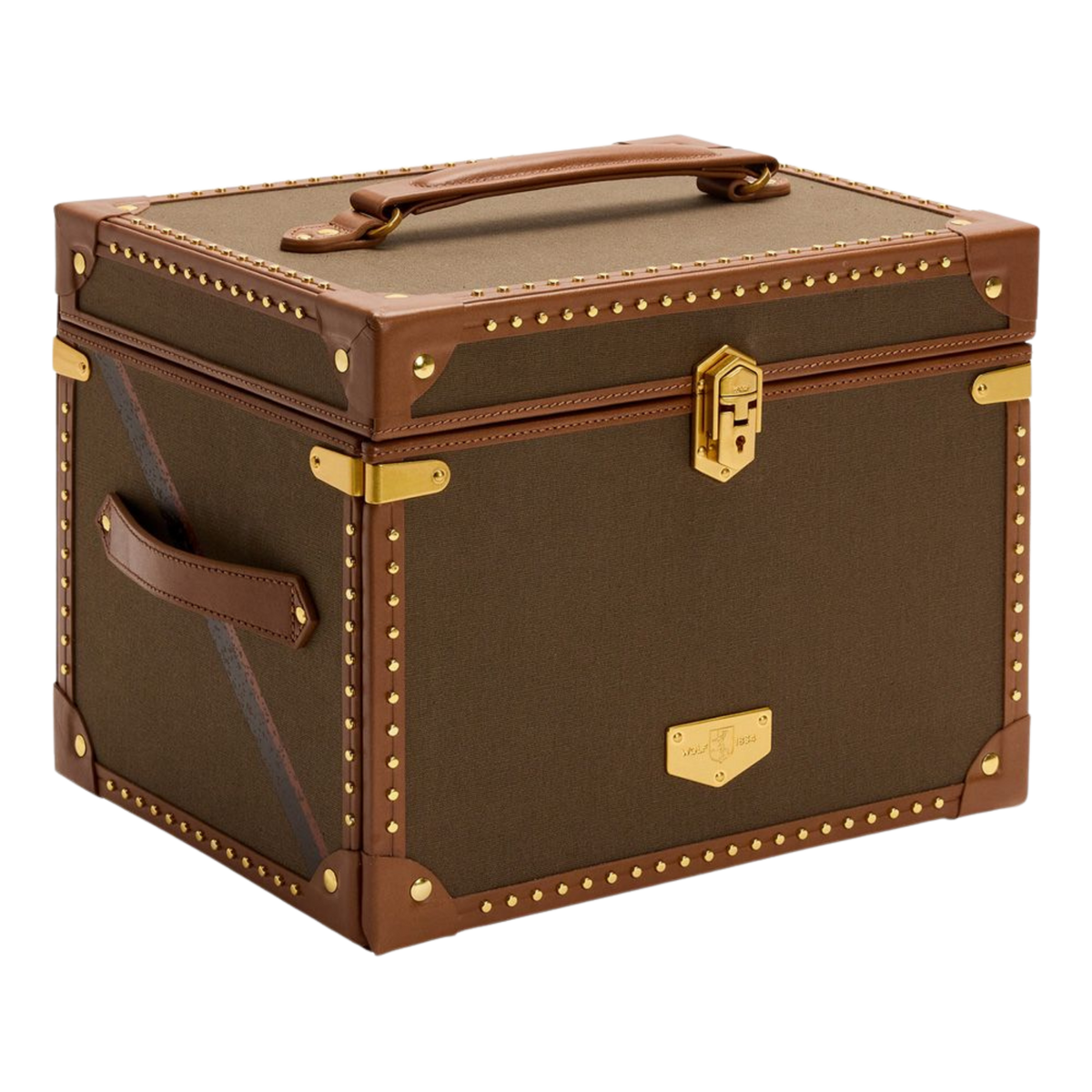 The Wolf Ida Trunk Jewellery Box in Khaki is a statement storage piece inspired by classic travel trunks.
Crafted from recycled canvas with top grain leather trim, it blends heritage design with modern luxury organisation.
A refined centrepiece designed to store and protect a complete jewellery collection.