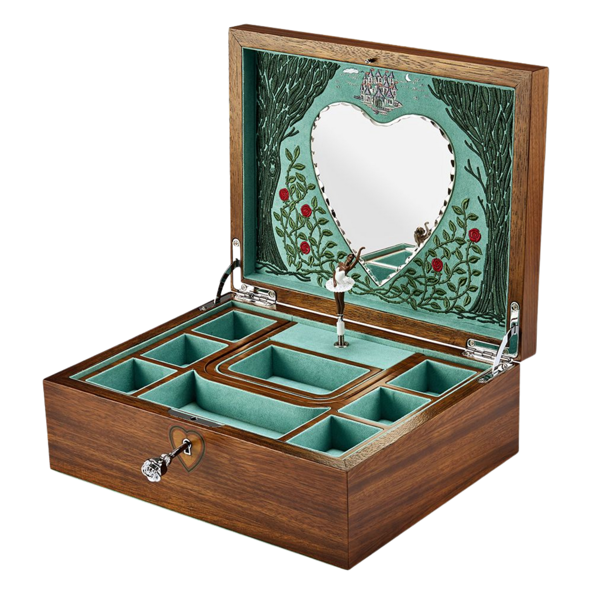 Open the lid to reveal a carefully designed interior inspired by the Sleeping Beauty story.
An embroidered backdrop frames the mirror and compartments, creating a theatrical setting for the rotating ballerina.
