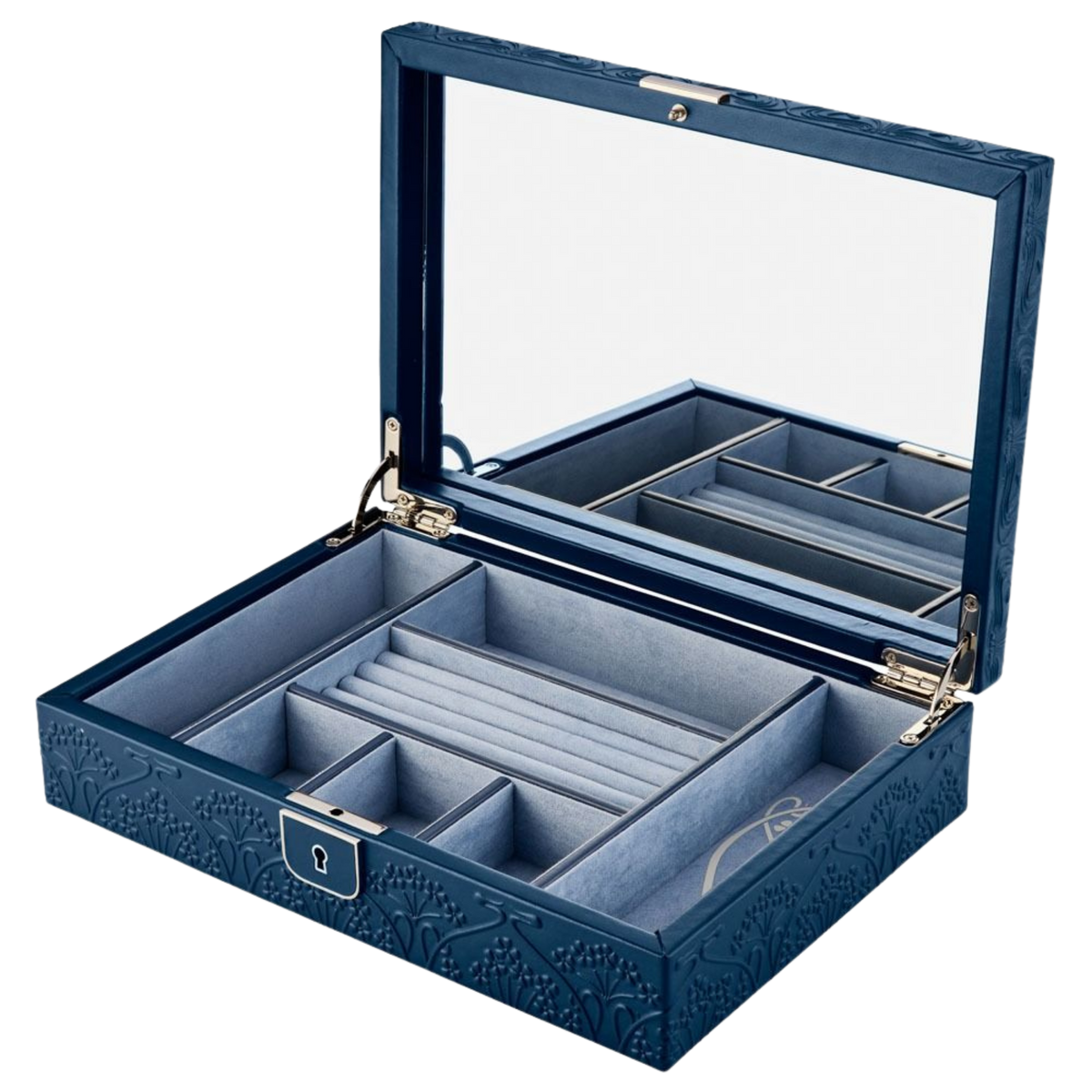 Inside, the jewellery box is carefully structured for everyday use.
It features ring rolls, multiple compartments, and a full-width mirror for easy selection and styling.
The layout is designed to keep jewellery organised, separated, and easy to access while maintaining a clean presentation.