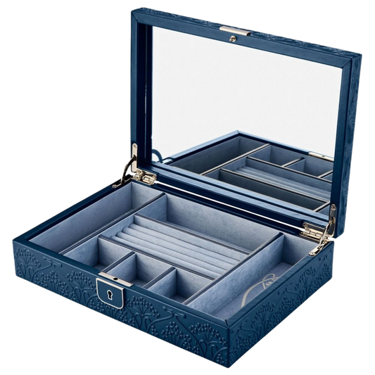 Inside, the jewellery box is carefully structured for everyday use.
It features ring rolls, multiple compartments, and a full-width mirror for easy selection and styling.
The layout is designed to keep jewellery organised, separated, and easy to access while maintaining a clean presentation.