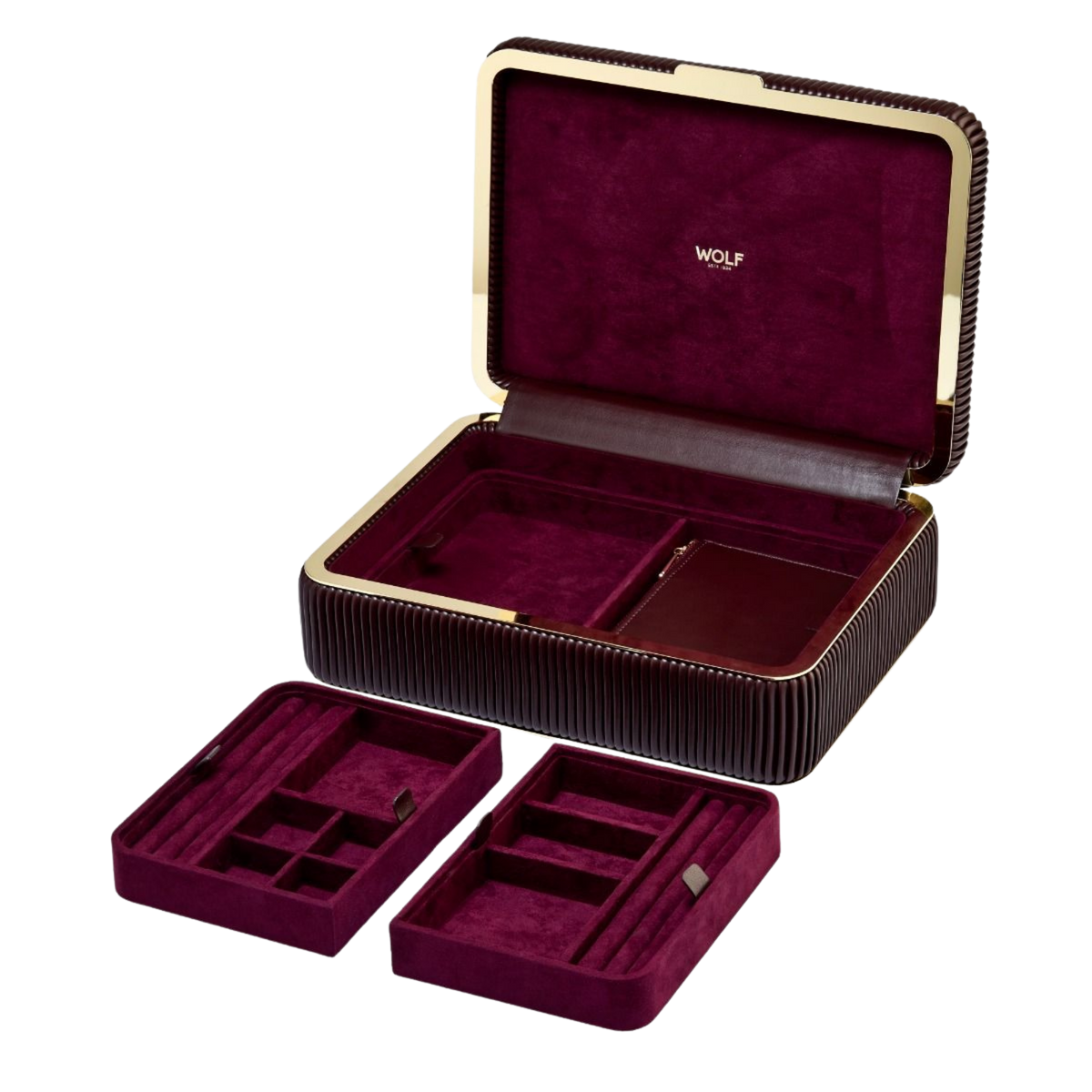 Inside, the Bella Medium reveals a highly structured storage system built around three removable trays.
Each tray is designed with a mix of compartments for rings, necklaces, bracelets, and earrings.
A separate zip pouch adds flexible storage for smaller or delicate pieces.