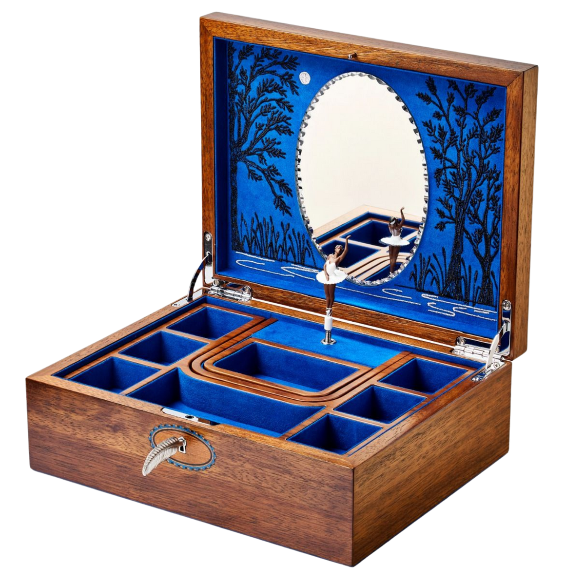 The Wolf Ballet Musical Jewellery Box – Swan Lake Walnut Wood captures the magic of classical ballet in a beautifully crafted keepsake box.
Finished in FSC-certified walnut wood veneer with intricate marquetry detailing, it is designed to be treasured for generations while providing elegant storage for jewellery and personal mementoes.