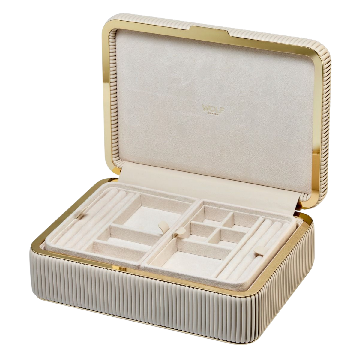 Lift the lid to reveal three removable jewellery trays, each designed to keep rings, earrings, bracelets, and necklaces neatly arranged.
The layered interior makes it easy to separate pieces by type or occasion, helping maintain an organised collection without compromising accessibility.