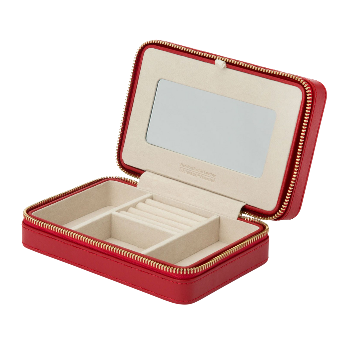 Open the case to reveal dedicated storage for rings, earrings, necklaces, and bracelets.
With ring rolls, necklace hooks, multiple compartments, and a built-in mirror, every detail has been carefully considered to keep jewellery neat, accessible, and tangle-free.
