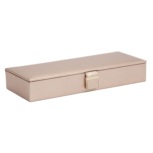 The Wolf Palermo Safe Deposit Box in Pink with Gold Hardware offers a refined blend of soft colour and luxury detailing.
Its structured silhouette and smooth leather finish create an elegant storage piece designed for jewellery and small valuables.
A compact yet statement-making box that brings colour and sophistication to any dressing table.