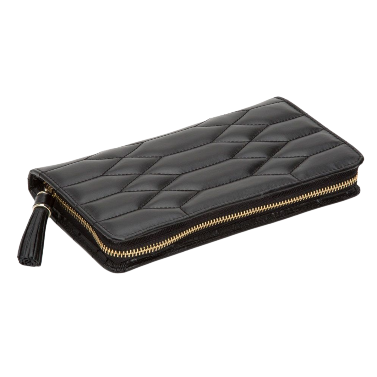 The Wolf Caroline Jewellery Portfolio in black features a beautifully quilted exterior with soft gold-tone detailing, offering a timeless and elegant way to store and protect your jewellery whether at home or travelling.
