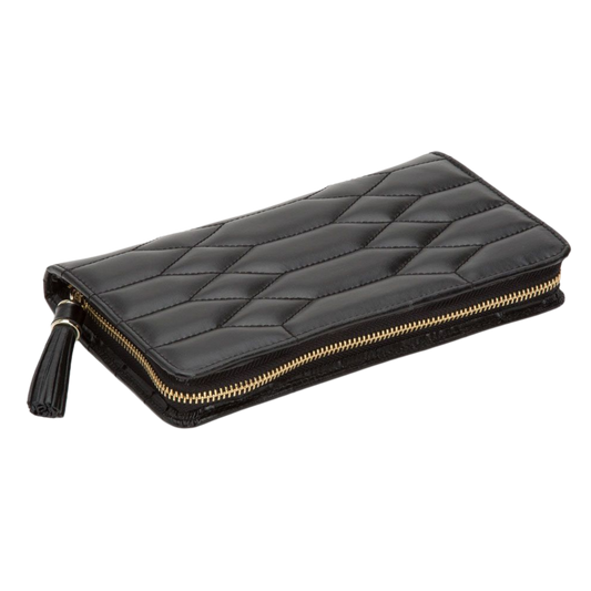 The Wolf Caroline Jewellery Portfolio in black features a beautifully quilted exterior with soft gold-tone detailing, offering a timeless and elegant way to store and protect your jewellery whether at home or travelling.