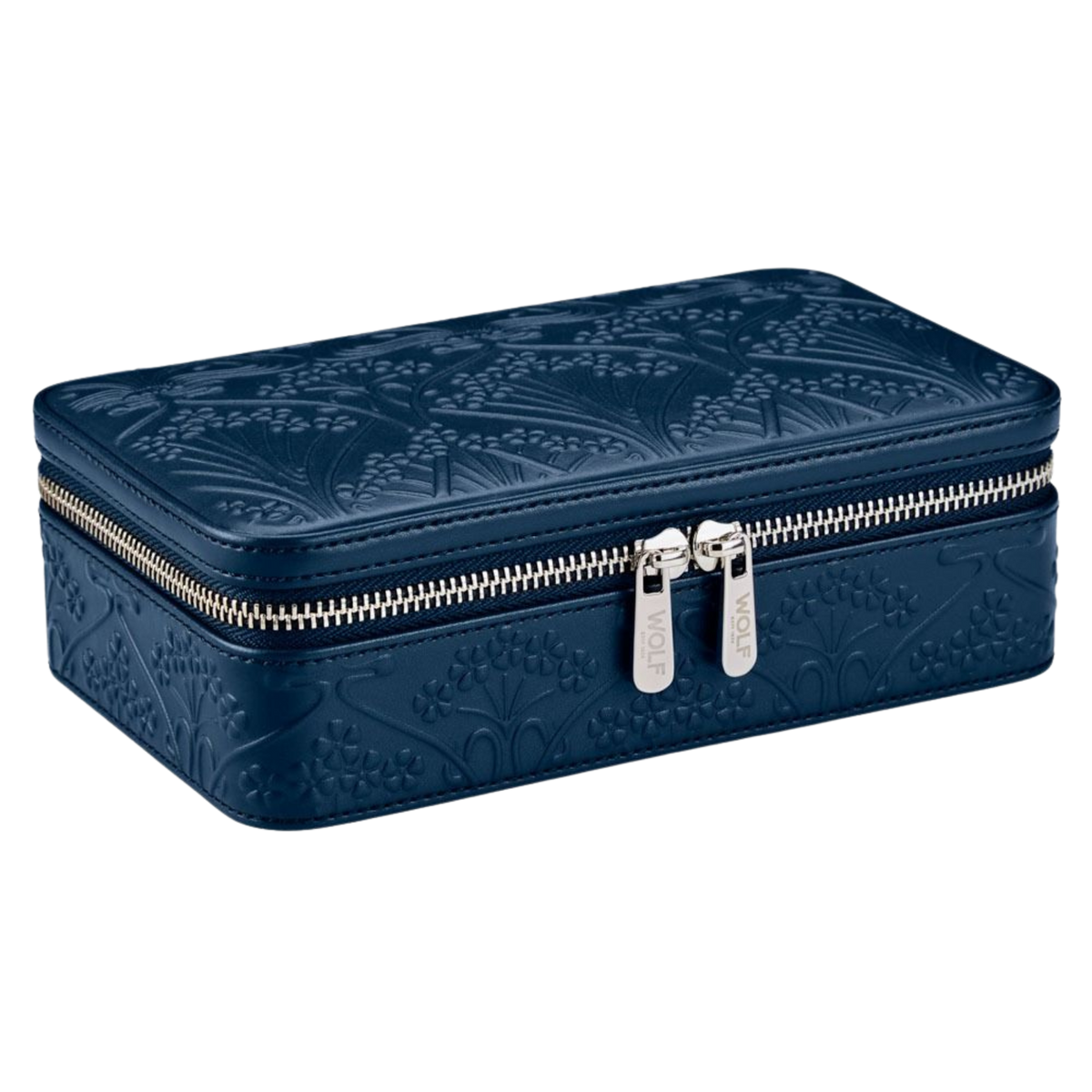 The Wolf x Liberty Medium Zip Case in navy showcases a refined, structured silhouette with an embossed exterior finish, combining timeless British design with modern functionality for elegant jewellery storage on the go.