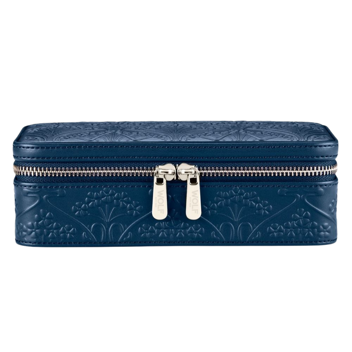 Crafted in collaboration with Liberty, this navy Wolf zip case features a beautifully detailed exterior and smooth zip closure, offering a sophisticated travel essential designed to protect and organise precious jewellery pieces.