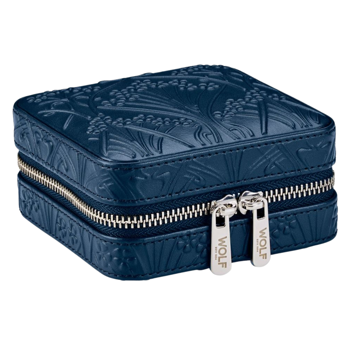 The Wolf x Liberty Small Travel Zip Case in navy showcases a compact, heritage-inspired design with Liberty’s iconic embossed pattern, blending timeless British style with modern jewellery organisation for travel and everyday use.