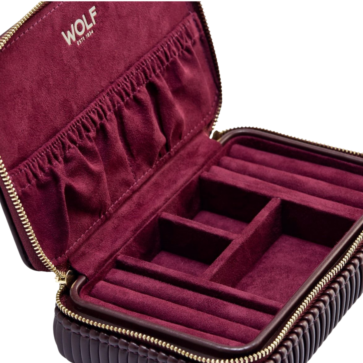 Inside, the Bella Zip Case features dedicated compartments, ring rolls, and elasticated storage pockets designed to keep jewellery neatly arranged.
The practical layout helps separate delicate pieces, making it easy to store and locate everyday favourites while reducing tangles and clutter.