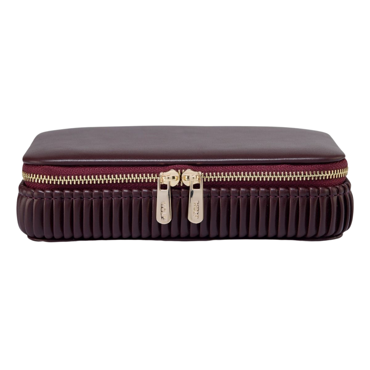 The Wolf Bella Zip Case in Bordeaux brings elegance to jewellery organisation with its rich colour, pleated detailing, and polished gold-tone hardware.
Compact yet beautifully appointed, it is designed to keep treasured pieces secure whether at home or while travelling.
A luxurious accessory with timeless appeal.