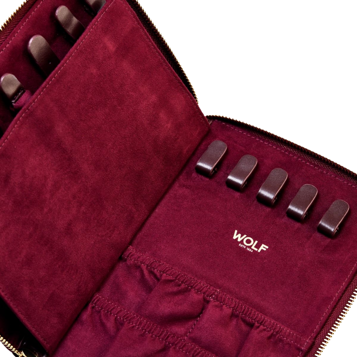 Inside the Wolf Bella Jewellery Portfolio, dedicated storage for rings, earrings, necklaces, and bracelets helps keep every piece organised and protected, while the signature LusterLoc™ lining helps guard against tarnishing.