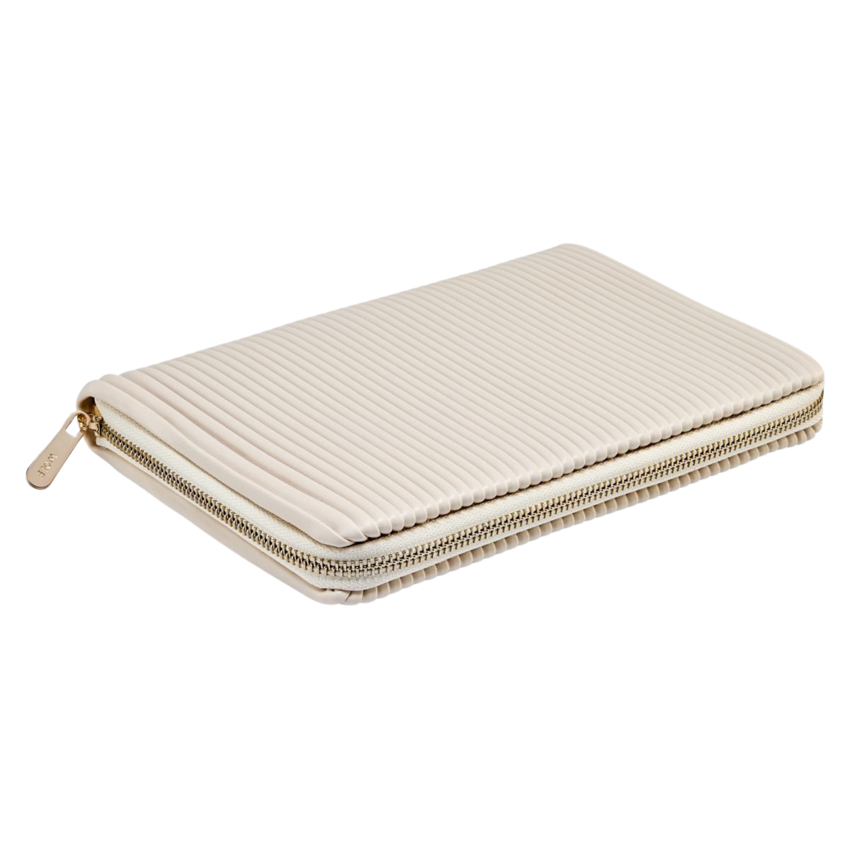 The Wolf Bella Jewellery Portfolio in Bone combines timeless elegance with contemporary design, featuring a beautifully pleated exterior and polished gold-tone hardware that brings a refined touch to jewellery storage at home or while travelling.