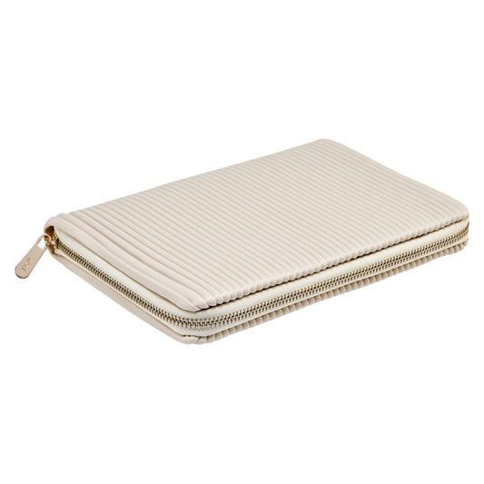 The Wolf Bella Jewellery Portfolio in Bone combines timeless elegance with contemporary design, featuring a beautifully pleated exterior and polished gold-tone hardware that brings a refined touch to jewellery storage at home or while travelling.