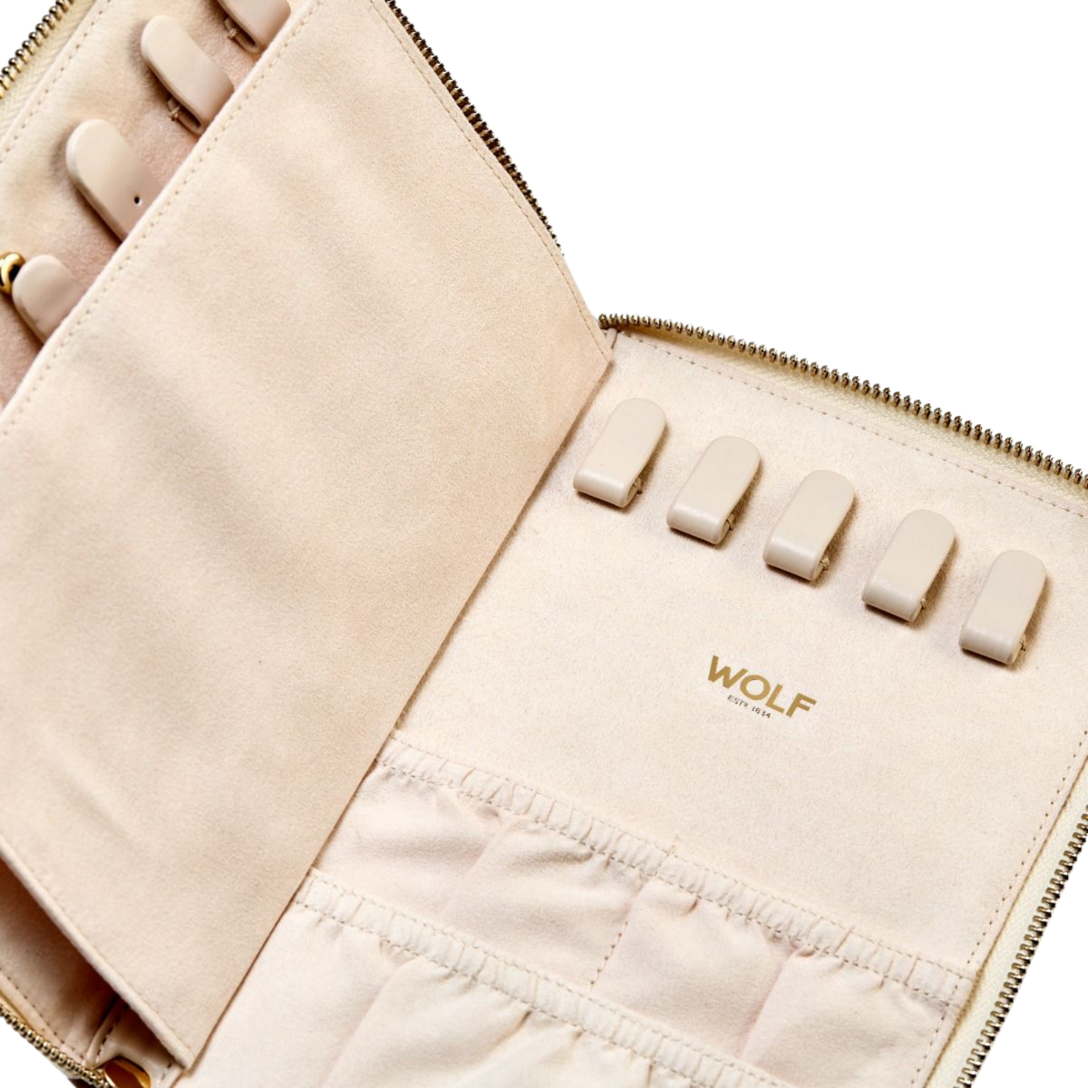 Inside the Wolf Bella Jewellery Portfolio, dedicated storage for rings, earrings, necklaces and bracelets helps keep every piece secure and neatly organised, while the signature LusterLoc™ lining helps protect jewellery from tarnishing over time.