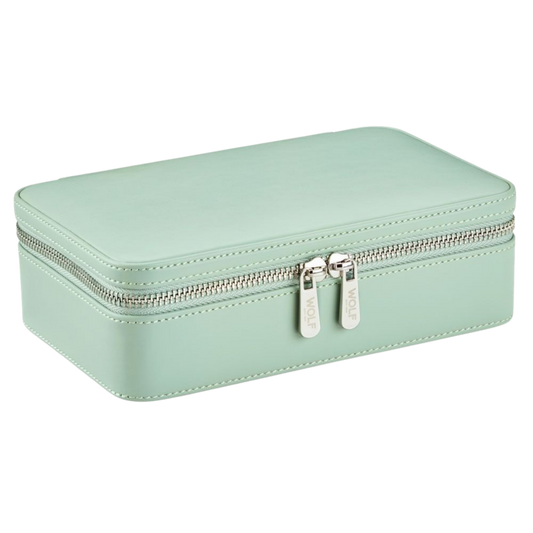 Blending timeless British design with everyday functionality, the Wolf x Liberty Medium Zip Case in Sage Green features Liberty’s charming Julia print lining, offering luxurious jewellery storage for travel and home alike.