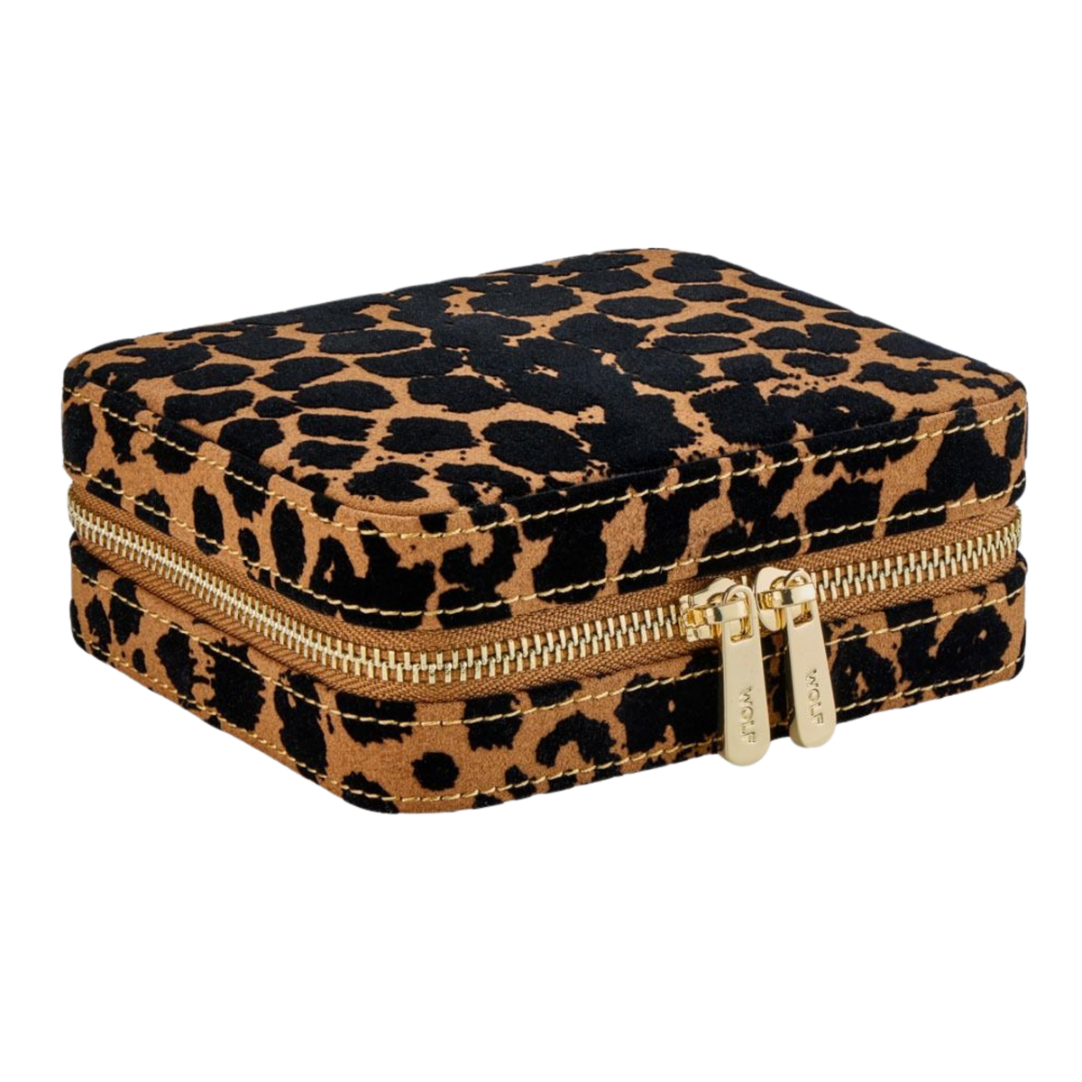 Crafted from recycled nubuck-finish material with a distinctive flocked leopard print, the Wolf Savanna Jewellery Zip Case blends contemporary style with thoughtful organisation, making it the perfect luxury accessory for home storage and travel alike.