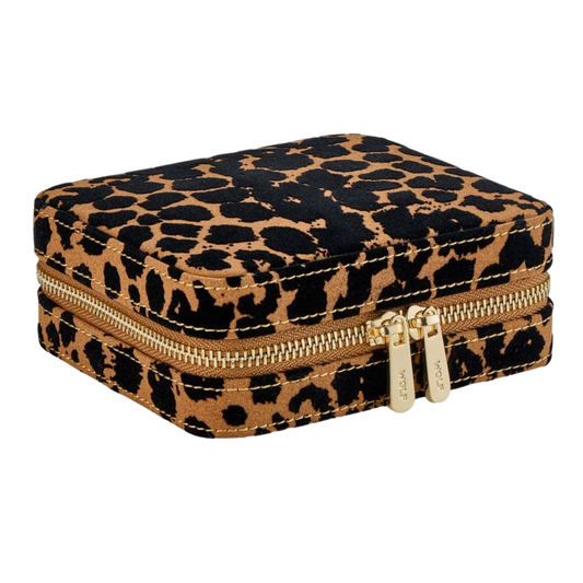 Crafted from recycled nubuck-finish material with a distinctive flocked leopard print, the Wolf Savanna Jewellery Zip Case blends contemporary style with thoughtful organisation, making it the perfect luxury accessory for home storage and travel alike.