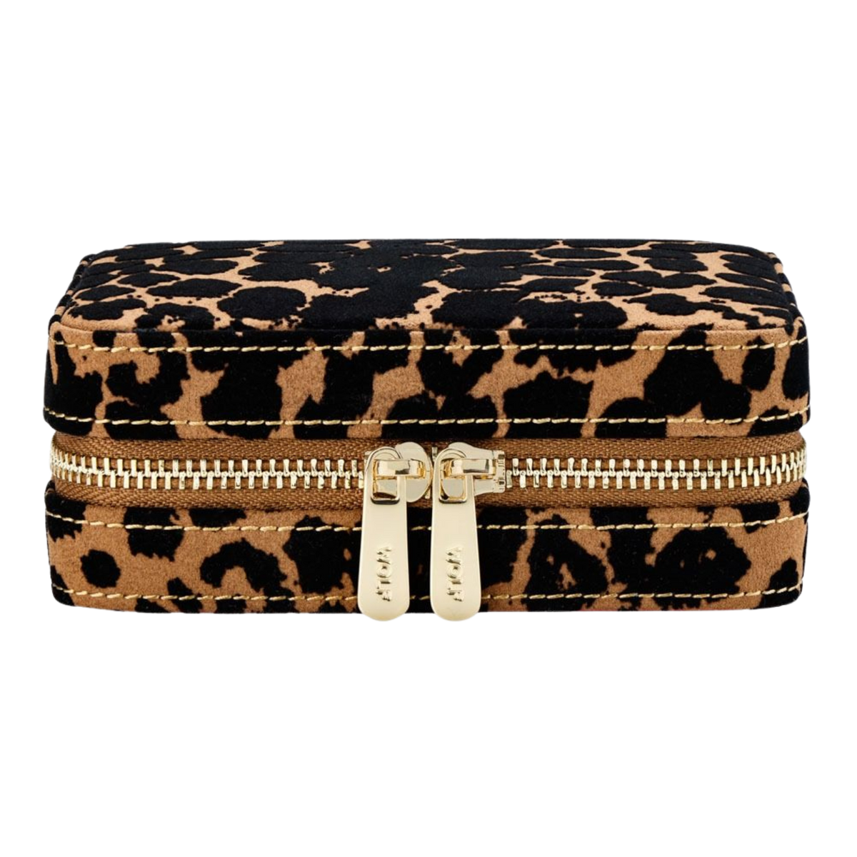 The Wolf Savanna Leopard Print Jewellery Zip Case in Tan and Black brings a bold yet sophisticated touch to jewellery storage, featuring a striking flocked leopard print design, elegant gold-tone hardware, and a luxurious red interior.