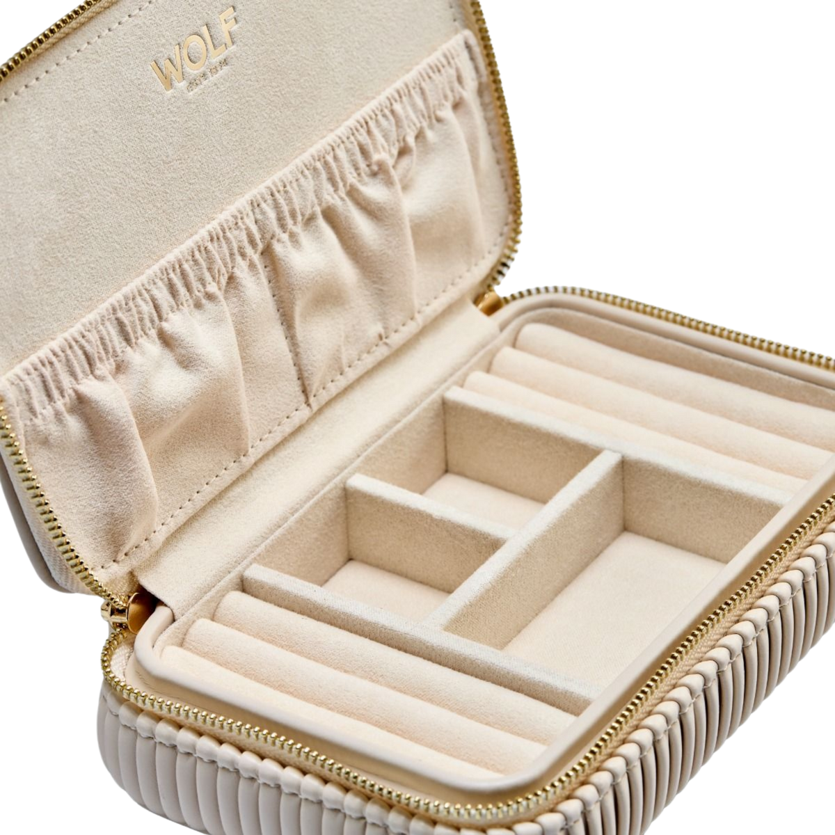 Inside the Wolf Bella Zip Case, dedicated compartments, ring rolls, and storage pouches keep rings, earrings, necklaces, and bracelets neatly organised, while the signature LusterLoc™ lining helps protect jewellery from tarnishing.