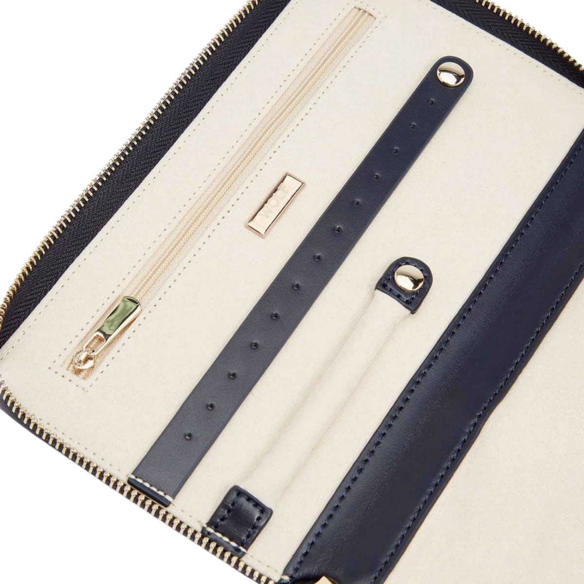 Inside the Wolf Maria Jewellery Portfolio, thoughtfully arranged storage includes dedicated sections for rings, earrings, necklaces, and bracelets, helping to keep each piece neatly organised, protected, and easy to access while travelling.