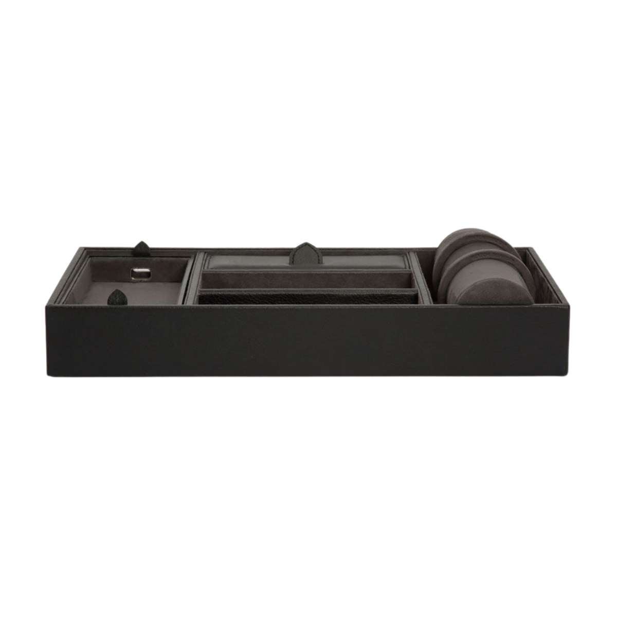 Finished in black vegan leather with a soft grey lining, the Blake Valet Tray balances modern design with everyday practicality.
Chrome accents and clean lines give it a refined appearance, while the structured interior helps keep your collection protected, organised, and ready for the day ahead.
